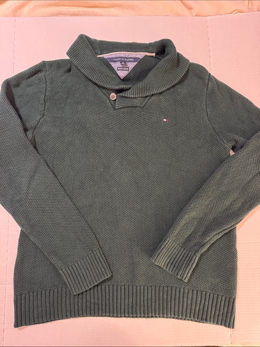 Fall Preppy Tommy Hilfiger Men's Forest Green Shawl Collar Sweater 174
